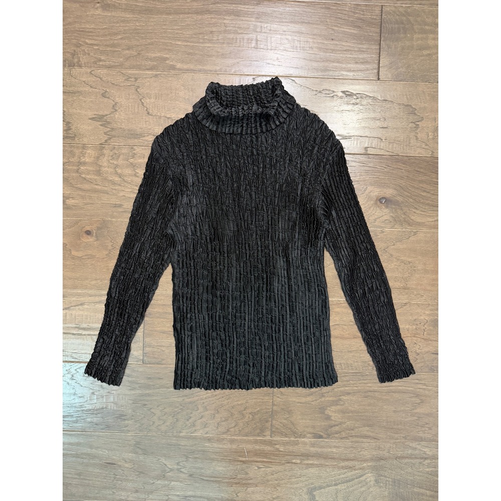 Vintage Cache Top Women One Size Black Polyester Solid Crinkle Popcorn Mock Neck